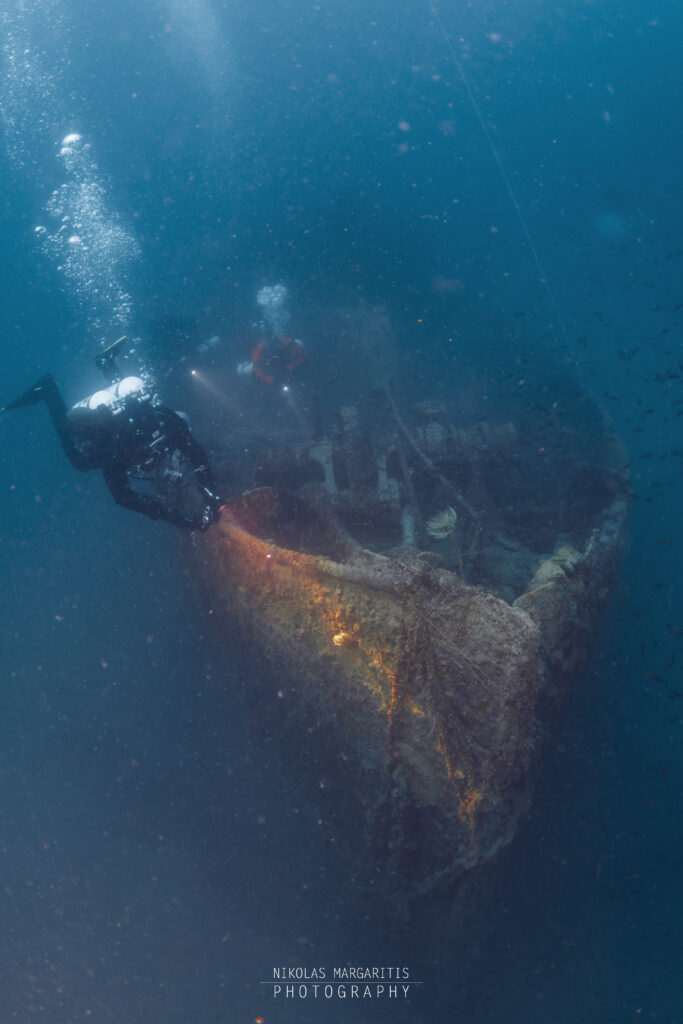 The wreck lies upright on a sandy seabed, facing southwest. Photo: Nikolas Margaritis
