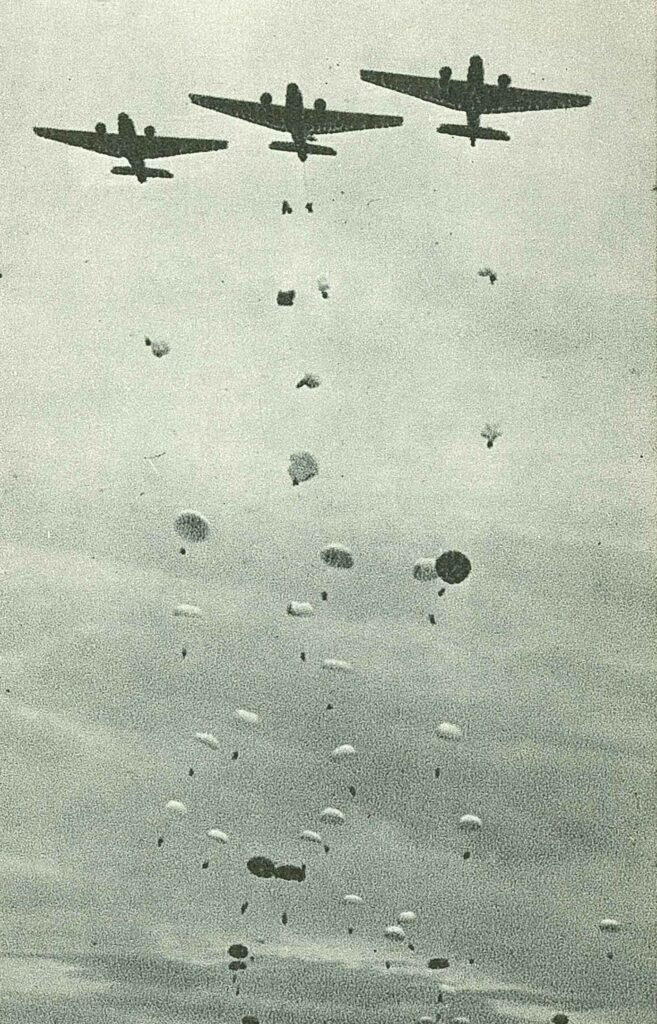German paratroopers dropping from a Junkers Ju 52. (Courtesy of Dimitri Galon)